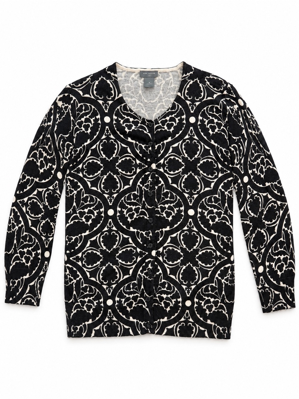 ANN TAYLOR ORNATE FLORAL CLASSIC CARDIGAN WOMENS SMALL BLACK CREAM DAMASK PRINT